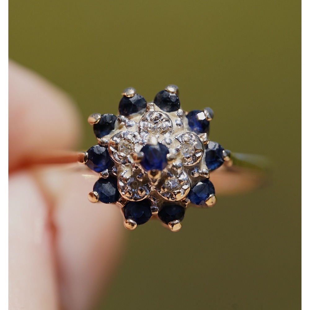 Vintage 10k Solid Yellow Gold Natural Blue Sapphire & Diamond Ring - Halo Size 5